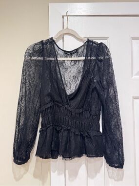 Zara Black Lace Long-Sleeve Ruffle Peplum Blouse